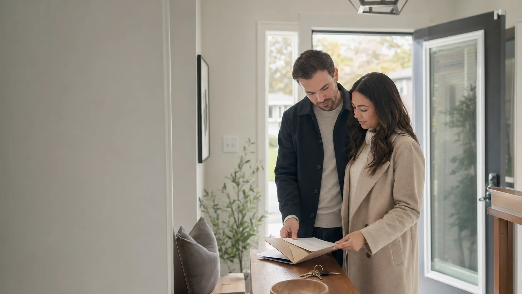 First-time buyers planning a home purchase at a kitchen table.