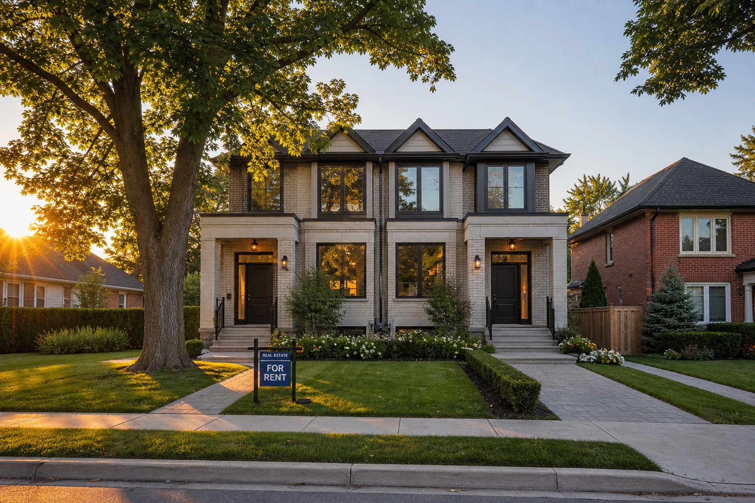 A beautiful modern multi-unit rental property in Burlington, Ontario, with well-maintained landscaping and two front entrances visible. Professional real estate photography style, golden hour lighting.