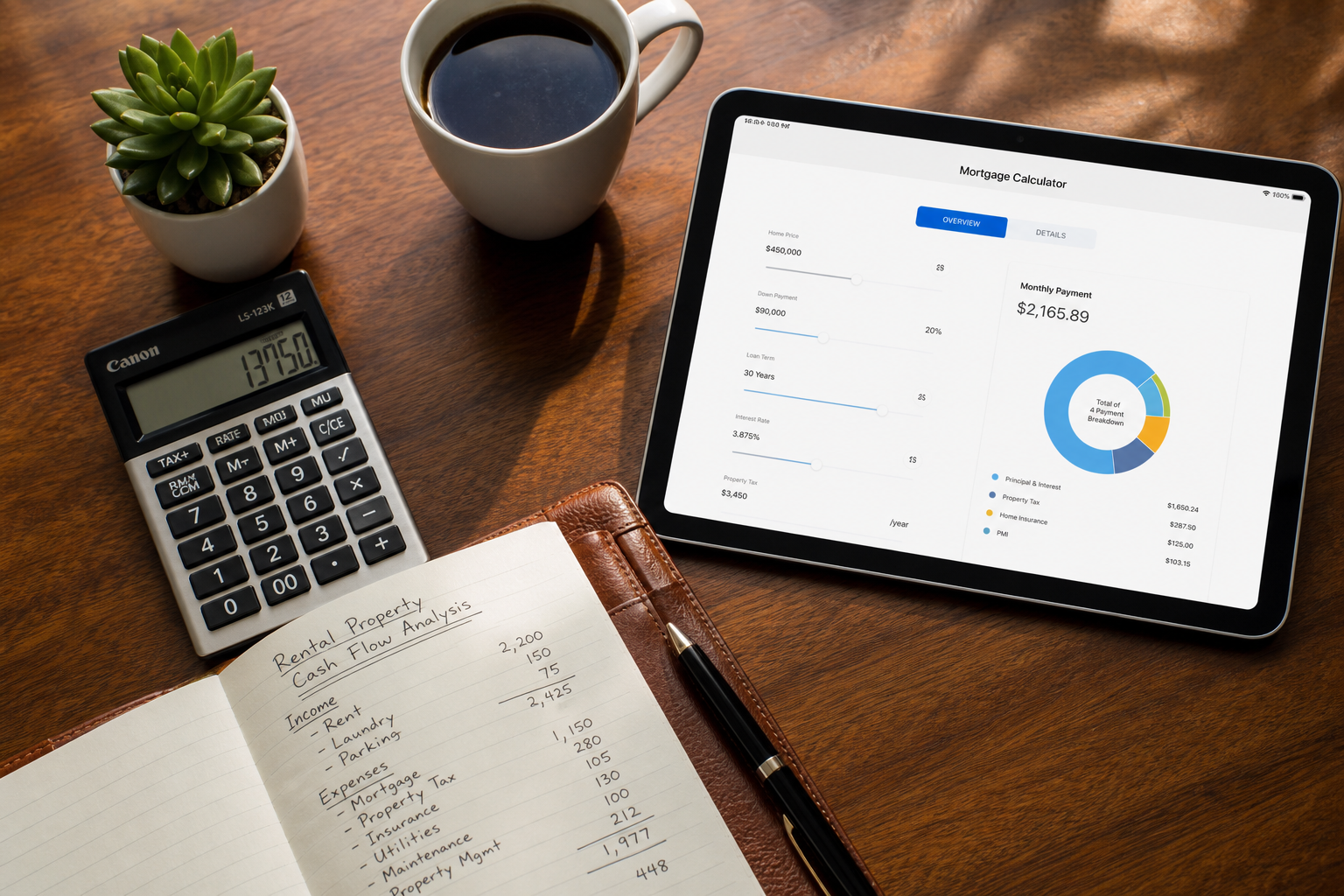 Financial planning desk with calculator, tablet, and notebook for investment property analysis