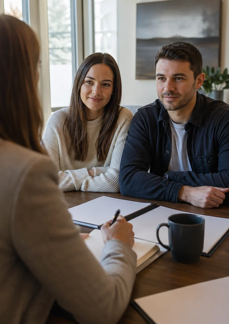 A couple reviewing mortgage pre-approval details together.