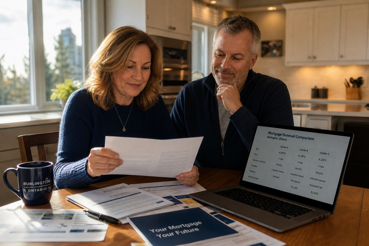 A Burlington Ontario couple reviewing their mortgage renewal paperwork at their kitchen table with warm morning sunlight streaming through the window. Coffee cups and a laptop showing a comparison chart.