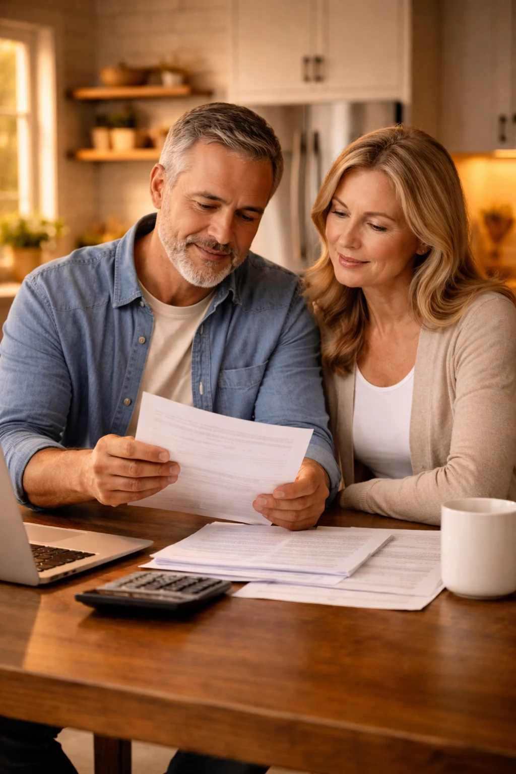 A couple reviewing reverse mortgage options together in their Burlington home.